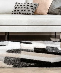 Well Woven Orem Geometric Pattern Shag Grey Black 3D Textured Rug Moroccan