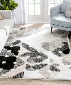 Well Woven Riverton Geometric Pattern Shag Ivory Grey 3D Textured Rug Moroccan