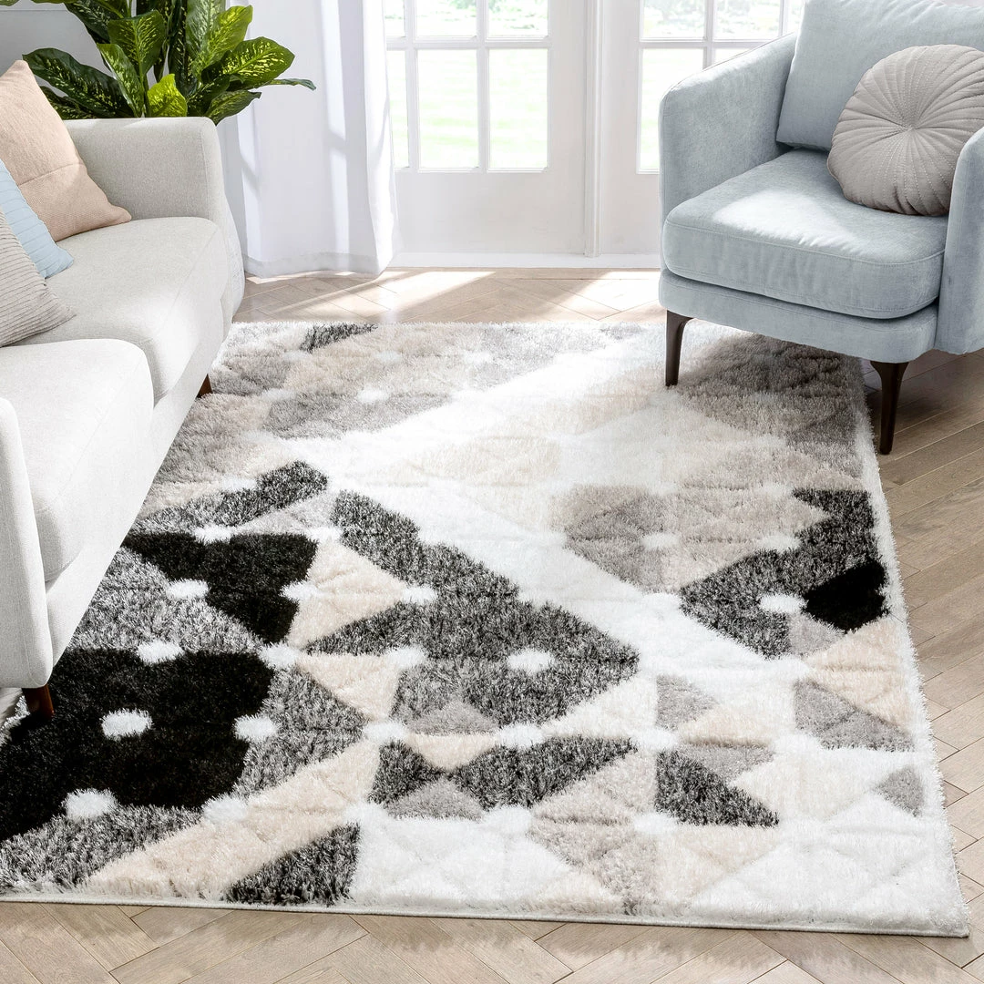 Well Woven Riverton Geometric Pattern Shag Ivory Grey 3D Textured Rug Moroccan 1 Well Woven Riverton Geometric Pattern Shag Ivory Grey 3D Textured Rug Moroccan