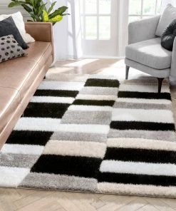 Well Woven Chaska Geometric Squares Shag Ivory Black 3D Textured Rug