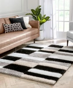 Well Woven Chaska Geometric Squares Shag Ivory Black 3D Textured Rug