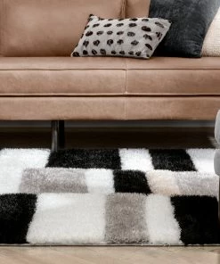 Well Woven Chaska Geometric Squares Shag Ivory Black 3D Textured Rug