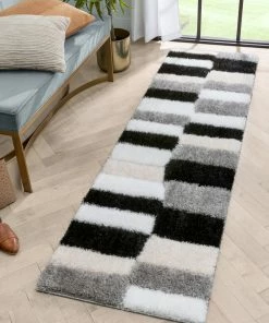 Well Woven Chaska Geometric Squares Shag Ivory Black 3D Textured Rug