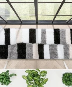 Well Woven Chaska Geometric Squares Shag Ivory Black 3D Textured Rug