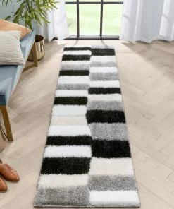 Well Woven Chaska Geometric Squares Shag Ivory Black 3D Textured Rug