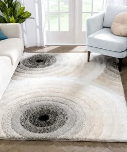 Well Woven Edina Geometric Circles Shag Ivory Grey 3D Textured Rug