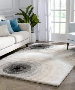 Well Woven Edina Geometric Circles Shag Ivory Grey 3D Textured Rug