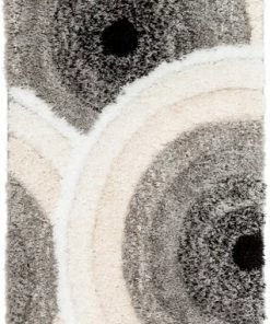 Well Woven Edina Geometric Circles Shag Ivory Grey 3D Textured Rug