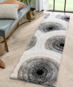 Well Woven Edina Geometric Circles Shag Ivory Grey 3D Textured Rug