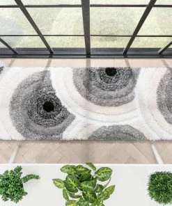 Well Woven Edina Geometric Circles Shag Ivory Grey 3D Textured Rug