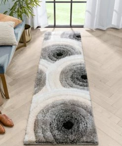 Well Woven Edina Geometric Circles Shag Ivory Grey 3D Textured Rug