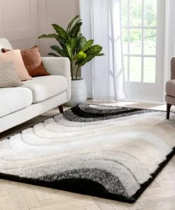Well Woven Lowry Abstract Waves Shag Black Ivory 3D Textured Rug