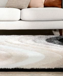 Well Woven Lowry Abstract Waves Shag Black Ivory 3D Textured Rug