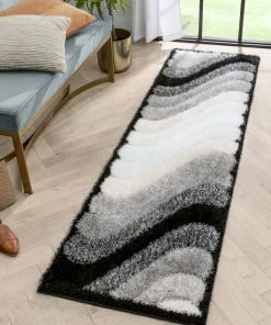 Well Woven Lowry Abstract Waves Shag Black Ivory 3D Textured Rug