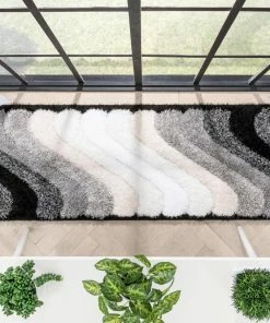 Well Woven Lowry Abstract Waves Shag Black Ivory 3D Textured Rug