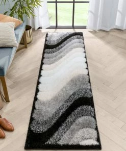 Well Woven Lowry Abstract Waves Shag Black Ivory 3D Textured Rug