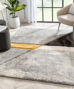Well Woven Mori Modern Abstract Geometric 3D Textured Shag Yellow Grey Rug
