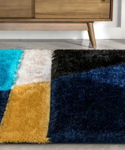 Well Woven Mori Modern Abstract Geometric 3D Textured Shag Blue Yellow Rug