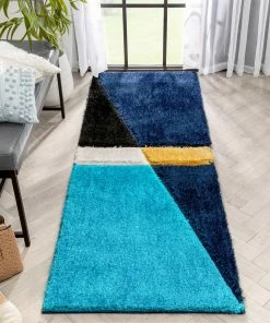 Well Woven Mori Modern Abstract Geometric 3D Textured Shag Blue Yellow Rug