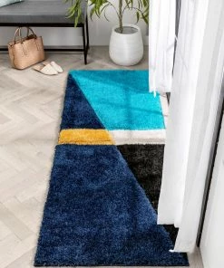Well Woven Mori Modern Abstract Geometric 3D Textured Shag Blue Yellow Rug