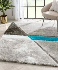 Well Woven Mori Modern Abstract Geometric 3D Textured Shag Grey Blue Rug