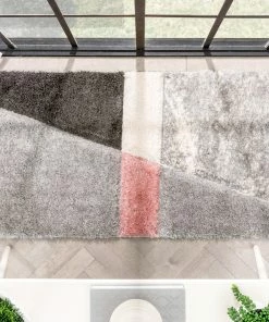Well Woven Mori Modern Abstract Geometric 3D Textured Shag Pink Grey Rug