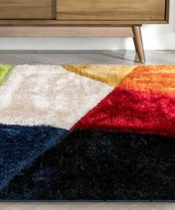 Well Woven Remi Contemporary Geometric Boxes 3D Textured Shag Multi Rainbow Rug