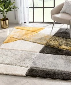 Well Woven Remi Contemporary Geometric Boxes 3D Textured Shag Yellow Grey Rug