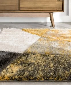 Well Woven Remi Contemporary Geometric Boxes 3D Textured Shag Yellow Grey Rug