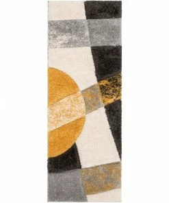 Well Woven Remi Contemporary Geometric Boxes 3D Textured Shag Yellow Grey Rug