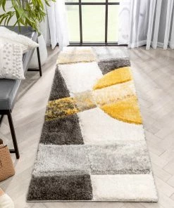 Well Woven Remi Contemporary Geometric Boxes 3D Textured Shag Yellow Grey Rug