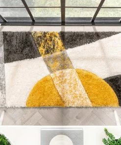 Well Woven Remi Contemporary Geometric Boxes 3D Textured Shag Yellow Grey Rug