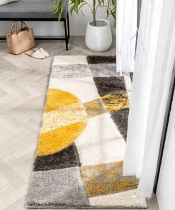 Well Woven Remi Contemporary Geometric Boxes 3D Textured Shag Yellow Grey Rug