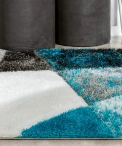 Well Woven Remi Contemporary Geometric Boxes 3D Textured Shag Teal Grey Rug