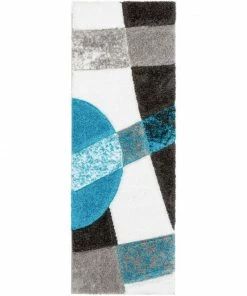 Well Woven Remi Contemporary Geometric Boxes 3D Textured Shag Teal Grey Rug