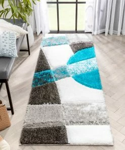 Well Woven Remi Contemporary Geometric Boxes 3D Textured Shag Teal Grey Rug