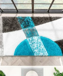 Well Woven Remi Contemporary Geometric Boxes 3D Textured Shag Teal Grey Rug