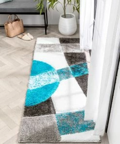 Well Woven Remi Contemporary Geometric Boxes 3D Textured Shag Teal Grey Rug