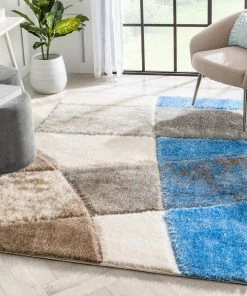 Well Woven Remi Contemporary Geometric Boxes 3D Textured Shag Grey Light Blue Rug