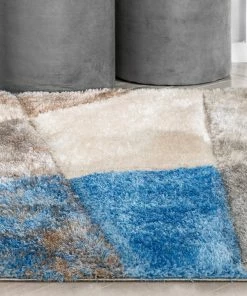 Well Woven Remi Contemporary Geometric Boxes 3D Textured Shag Grey Light Blue Rug
