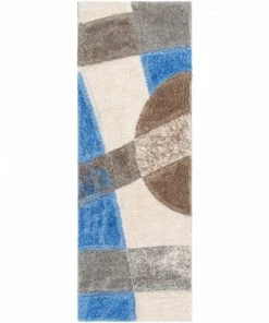 Well Woven Remi Contemporary Geometric Boxes 3D Textured Shag Grey Light Blue Rug