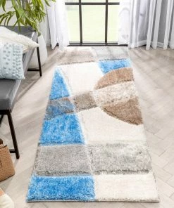 Well Woven Remi Contemporary Geometric Boxes 3D Textured Shag Grey Light Blue Rug