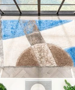 Well Woven Remi Contemporary Geometric Boxes 3D Textured Shag Grey Light Blue Rug