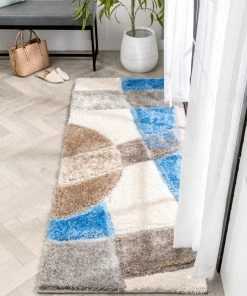 Well Woven Remi Contemporary Geometric Boxes 3D Textured Shag Grey Light Blue Rug