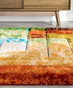 Well Woven Kenzo Retro Geometric Pattern 3D Textured Shag Rainbow Multi-Color Rug