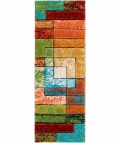 Well Woven Kenzo Retro Geometric Pattern 3D Textured Shag Rainbow Multi-Color Rug