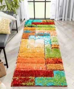 Well Woven Kenzo Retro Geometric Pattern 3D Textured Shag Rainbow Multi-Color Rug