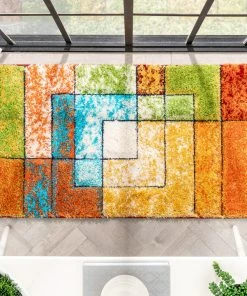 Well Woven Kenzo Retro Geometric Pattern 3D Textured Shag Rainbow Multi-Color Rug