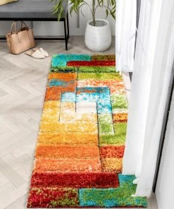 Well Woven Kenzo Retro Geometric Pattern 3D Textured Shag Rainbow Multi-Color Rug