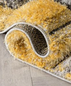 Well Woven Kenzo Retro Geometric Pattern 3D Textured Shag Yellow Grey Rug